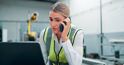 Buy stock photo Robotics, phone call and woman in factory, laptop and conversation with network, email and connection. Person, employee and engineering in workspace, cellphone or pc with process schedule or chatting