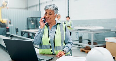 Buy stock photo Laptop, phone call and robotics with woman in workshop for communication, manufacturing or production. Computer, conversation and engineering process with mature employee in factory for development