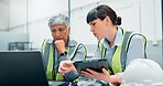 Thinking, women and engineer with laptop at factory for planning, supply chain or inventory management. People, tablet and teamwork for manufacturing, logistics feedback and information of production