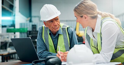 Buy stock photo Teamwork, engineers and discussion with notes for planning, tech and communication at factory. Woman, mentor man and writing for brainstorming, problem solving and engineering with safety ppe