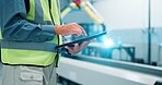 Hands, man and tablet at robotics factory for research, machine update and technical guide. Male engineer, digital remote control and production manual, automation safety and process of manufacturing