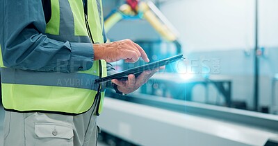 Buy stock photo Hands, man and tablet at robotics factory for research, machine update and technical guide. Male engineer, digital remote control and production manual, automation safety and process of manufacturing