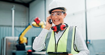 Buy stock photo Phone call, engineer and woman with smile, talking and communication with contact for robotics in factory. Happy, employee and person with mobile for conversation, warehouse or plan for manufacturing