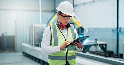 Buy stock photo Woman, typing and tablet at robotics factory for research, machine update and technical guide. Engineer, digital and manual for production, automation safety and diagnostics process for manufacturing