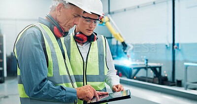 Buy stock photo People, engineer and laptop at robotics factory for research, machine update and technical guide. Manager, teamwork and production manual, automation safety and diagnostics report for manufacturing