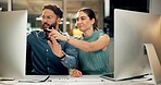 Night, cooperation and business people in office, computer or editing approval with copywriting. Employees, planning or journalist with online magazine, evening or pc with email or company website