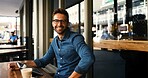 Customer, man and smile with portrait at cafe for coffee break, surfing internet and remote work. Freelancer, person and happy with digital tablet at bistro for networking, email and online research