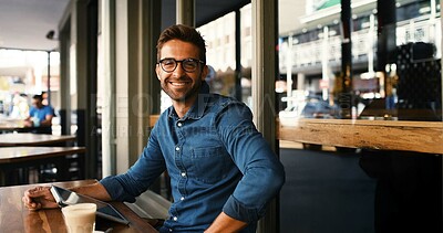 Buy stock photo Customer, man and smile with portrait at cafe for coffee break, surfing internet and remote work. Freelancer, person and happy with digital tablet at bistro for networking, email and online research