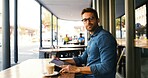 Portrait, remote work and tablet with man in coffee shop to research for small business startup. App, schedule and website with freelance employee at table of outdoor cafe or restaurant as customer