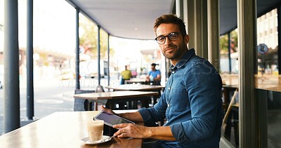 Buy stock photo Portrait, remote work and tablet with man in coffee shop to research for small business startup. App, schedule and website with freelance employee at table of outdoor cafe or restaurant as customer