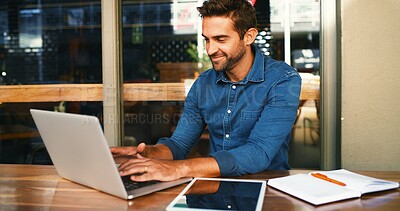 Buy stock photo Laptop, man and freelancer typing in cafe for article, update review or journalist check email. Computer, remote work and happy customer in coffee shop to research news, report and editing headline