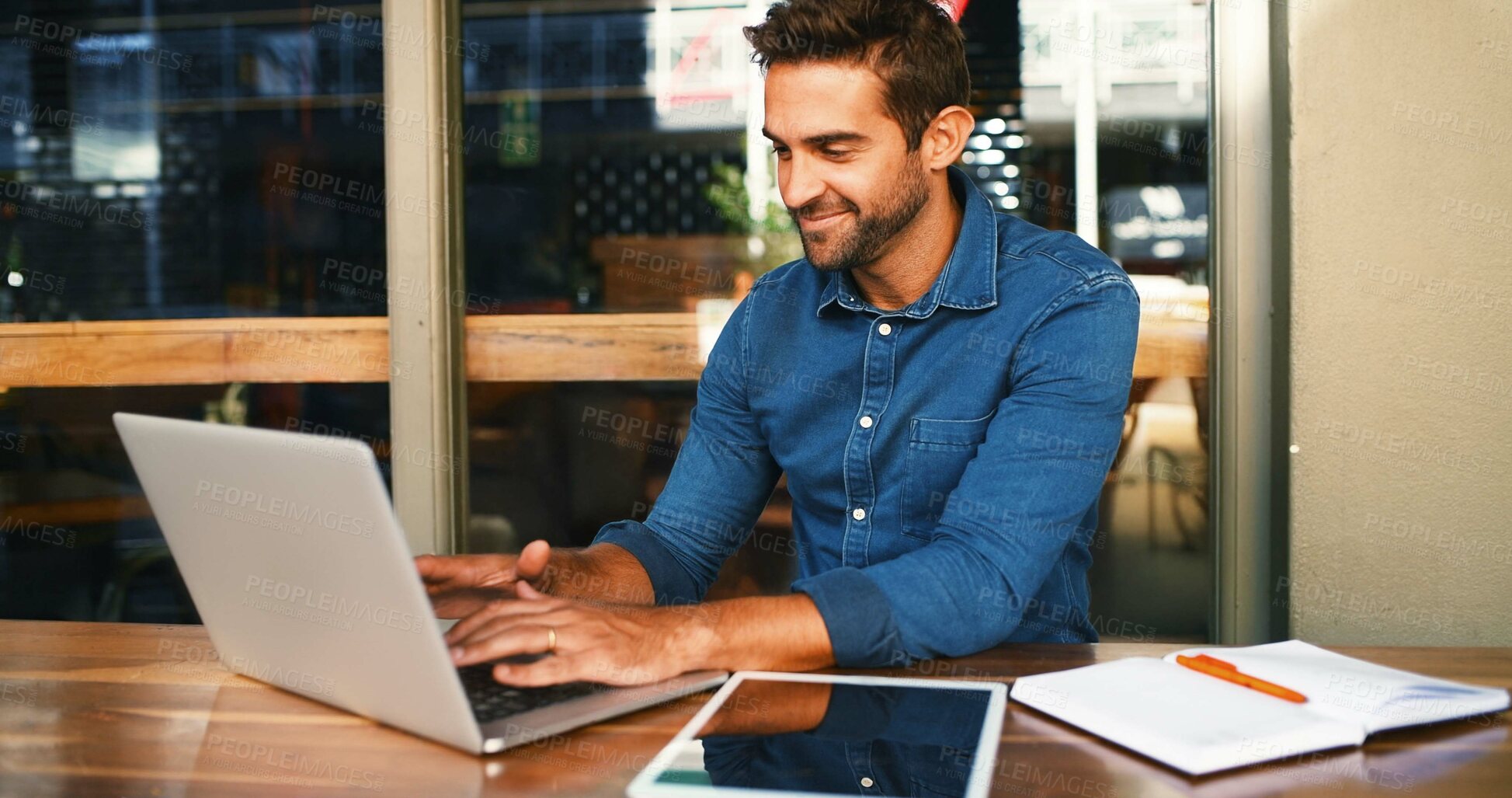 Buy stock photo Laptop, man and freelancer typing in cafe for article, update review or journalist check email. Computer, remote work and happy customer in coffee shop to research news, report and editing headline