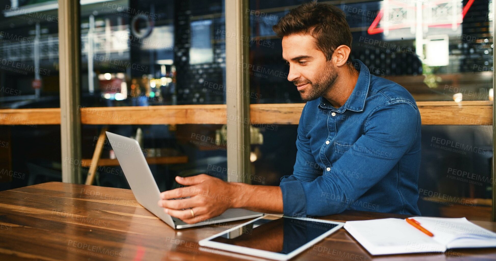 Buy stock photo Cafe, man and reading on laptop for freelancer, article information and online blog for publication. Coffee shop, male person and content writer with digital for remote work, newsletter and editing