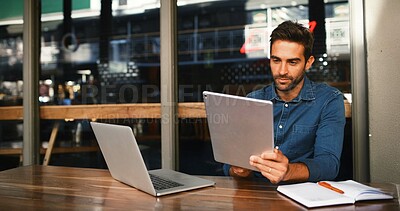 Buy stock photo Tablet, research and man in coffee shop for remote work, update review or journalist check email. Technology, cafe and freelancer on internet for news, editing report and reading headline online