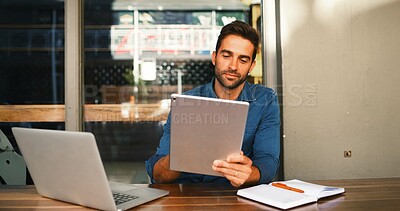 Buy stock photo Cafe, man and reading on tablet for freelancer, article information or online blog for publication. Coffee shop, male person and content writer with laptop for remote work, newsletter or scroll email
