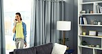 Phone call, happy and woman in home talking for communication, connection and contact. Living room, apartment and person on smartphone for online chatting, speaking and social networking in house