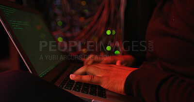 Buy stock photo Night, hands and man on laptop for hacking, programming or cybersecurity website. Software attack, late or hacker typing in dark room for big data research, system update or online scam operation