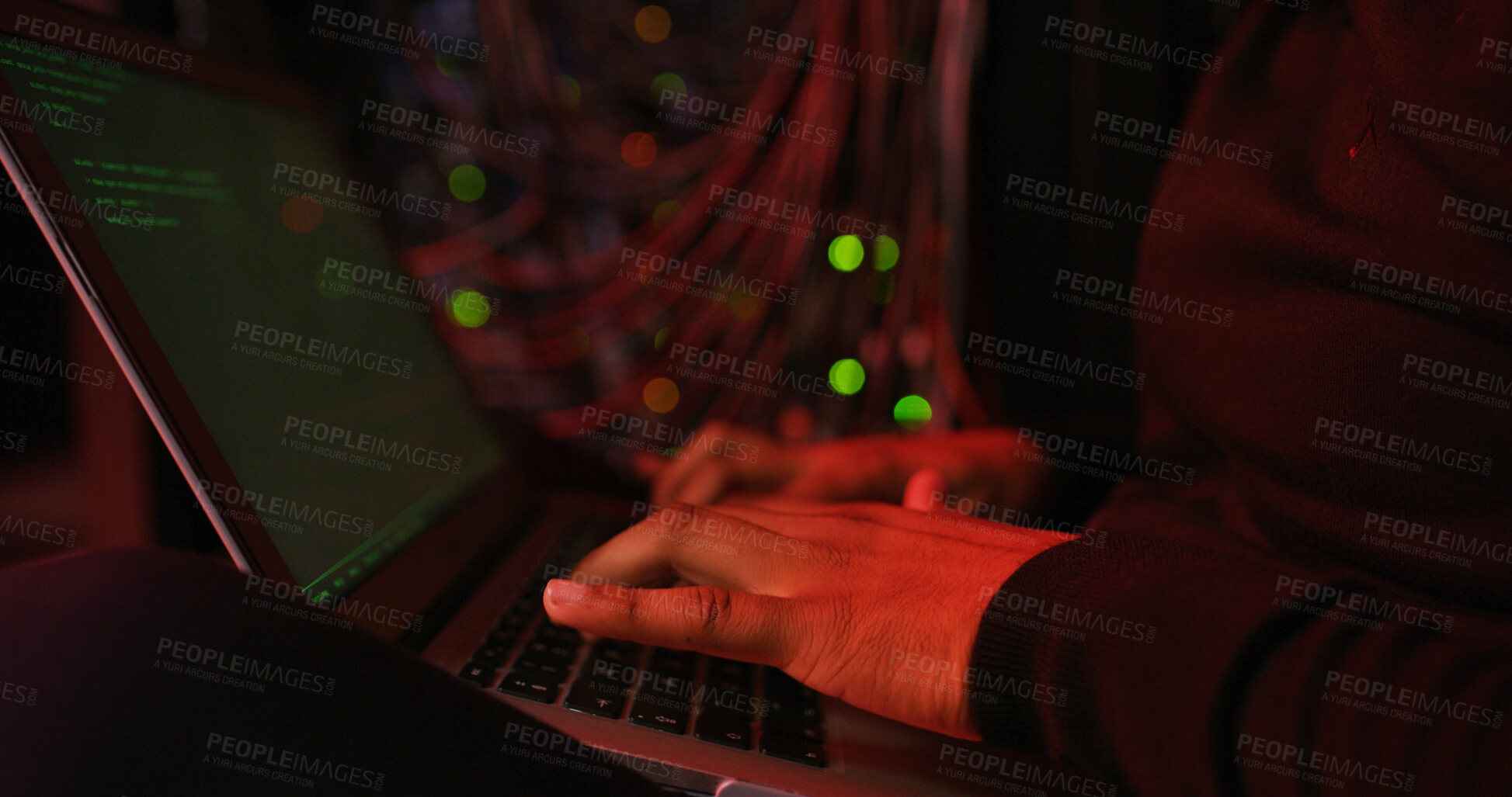 Buy stock photo Night, hands and man on laptop for hacking, programming or cybersecurity website. Software attack, late or hacker typing in dark room for big data research, system update or online scam operation