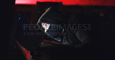 Buy stock photo Technology, hacker and person with mask at night for coding scam, phishing or cybercrime in dark. Anonymous, privacy and programmer with security breach on database encryption in control room.