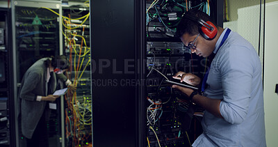 Buy stock photo Infrastructure, maintenance and tablet with IT professional in server room for cybersecurity support. App, database and inspection with people in networking hub for service or technical engineering