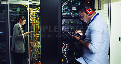 Buy stock photo Database, maintenance and tablet with IT professional in server room for cybersecurity support. App, infrastructure and inspection with people in networking hub for service or technical engineering