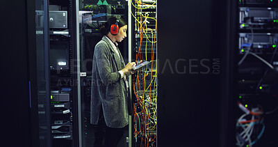 Buy stock photo Cybersecurity, testing and woman on tablet for inspection, repair and maintenance in server room. Information technology, programming and IT technician with for engineering, backup and control panel