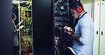 Database, inspection and tablet with IT professional in server room for cybersecurity support. App, infrastructure and maintenance with people in networking hub for service or technical engineering