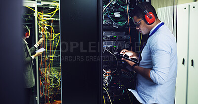 Buy stock photo Database, inspection and tablet with IT professional in server room for cybersecurity support. App, infrastructure and maintenance with people in networking hub for service or technical engineering