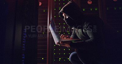 Buy stock photo Mask, man or hacking with laptop for cybersecurity, programming or breach in night. Software attack, late or hacker with tech in dark room for big data research, system leak or online scam operation