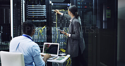 Buy stock photo Woman, tablet and cables with inspection in server room, man or assessment for IT solution at company. People, programming and hardware with tech, app or information technology for diagnostics test