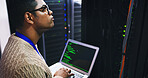 Man, thinking and server room with laptop screen for network engineering or cybersecurity. Male person, IT technician or programmer with computer for inspection or system maintenance in datacenter