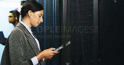 Buy stock photo Inspection, maintenance and tablet with woman in server room for cybersecurity support. App, database and infrastructure with IT professionals in networking hub for service or technical engineering