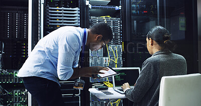 Buy stock photo Man, woman and team with server, programming and laptop with support for IT solution at company. People, maintenance and hardware check with tablet, app or information technology for coding project
