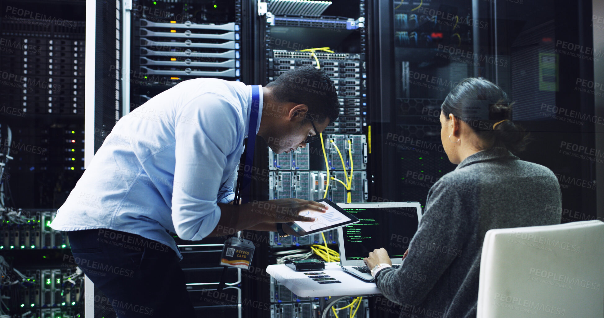 Buy stock photo Man, woman and team with server, programming and laptop with support for IT solution at company. People, maintenance and hardware check with tablet, app or information technology for coding project