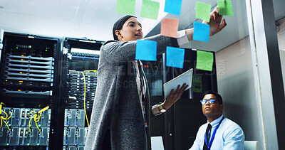Buy stock photo People, IT engineer and planning with sticky note in server room for priority on network security. Technician, team or cybersecurity agency brainstorming with tablet for troubleshooting in datacenter