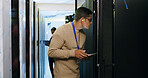 Inspection, maintenance and tablet with IT professional in server room for cybersecurity support. App, database and infrastructure with people in networking hub for service or technical engineering