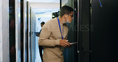 Buy stock photo Inspection, maintenance and tablet with IT professional in server room for cybersecurity support. App, database and infrastructure with people in networking hub for service or technical engineering