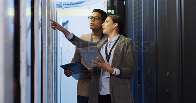 Buy stock photo People, tablet and team in server room with inspection for technical support mentor, software update or maintenance. Talking, clipboard and information technology solution with advice in data center