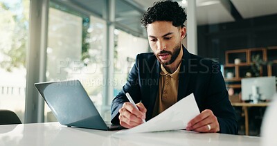Buy stock photo Businessman, accountant or writing with laptop on documents for financial report at office desk. Man, employee or notes on paperwork for company performance, review or statistic anaylsis at workplace