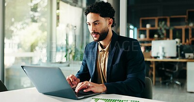 Buy stock photo Laptop, research and businessman in office with graphs, charts or data for finance statistics. Computer, reading and male financial manager with profit, revenue or forecasting for investment planning