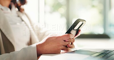 Buy stock photo Hands, business and woman in office, cellphone and texting with email for stock market. Connection, person or employee with smartphone, notification and accounting with digital app or online chatting