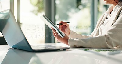 Buy stock photo Business woman, hands and research with tablet pen at office desk for schedule, report or design. Female person, employee or writing with technology for project layout, tasks or agenda at workplace