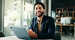 Portrait, business and man with smile, laptop and research for article, planning and online schedule. Face, happy person and journalist in workplace, computer and editor with network and proofreading