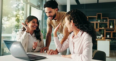 Buy stock photo Teamwork, happy business people and high five for success, celebrate or finish project with laptop. Workers, group and victory with computer in office for reward, collaboration or target achievement