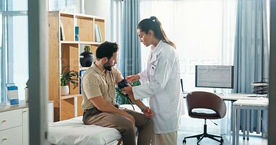 Buy stock photo Blood pressure, pump and doctor with man in clinic for medical exam, checkup and consulting. Healthcare, hospital and patient with equipment to monitor for heart rate, wellness and hypertension
