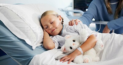Buy stock photo Girl, sleeping and mother in hospital with child, comfort and rest with parent and healthcare. Family, patient and kid with mama, teddy bear and support for wellness, pediatrics and relaxing with nap