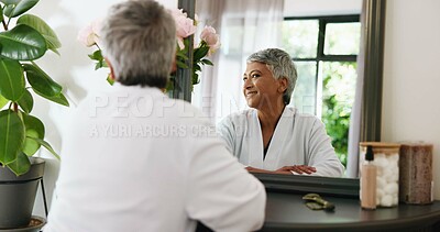 Buy stock photo Home, mirror and old woman with skincare, beauty and dermatology with wrinkles. Pensioner, apartment and elderly person with wellness, reflection and grooming with morning routine or facial treatment