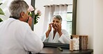 Home, mirror and senior woman with skincare, beauty and dermatology with anti aging. Pensioner, apartment and elderly person with wellness, reflection and grooming with morning routine and wrinkles