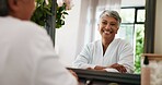 Skincare, portrait and old woman with mirror, smile and home with dermatology, cosmetics and shine. Reflection, apartment and senior person with confidence, retirement and glow with anti aging