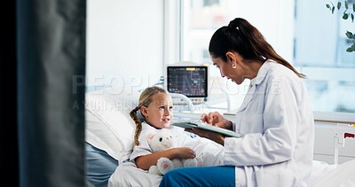 Buy stock photo Hospital bed, talk and doctor on tablet with girl for medical service, consulting and treatment. Healthcare, pediatrician and woman on tech with child for surgery, results and patient diagnosis